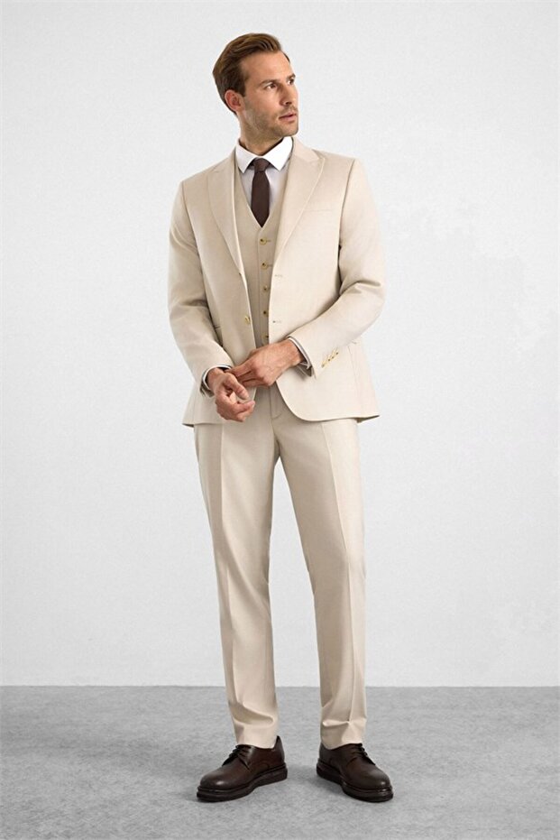 Beige Slim Pointed Collar Plain Dobby Covered Pocket 6 Drop Vest Suit