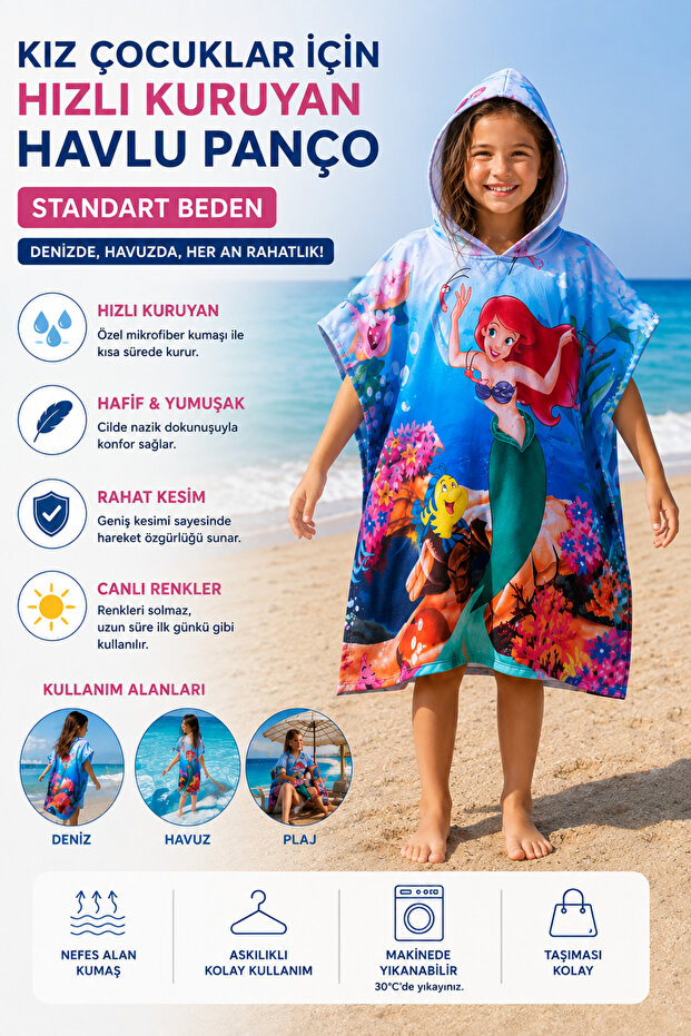 Girls' Mermaid Digitally Printed Hooded Panjo Sea Beach Bath Towel
