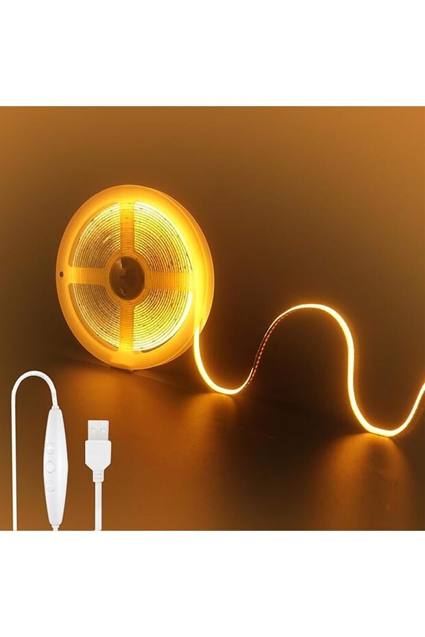 شريط إضاءة LED بتقنية COB بجهد 5 فولت USB مع مفتاح للتحكم في السطوع، 9.84 قدم/3 متر، أبيض دافئ 3000 كلفن، 320 مصباح LED لكل متر، عرض 8 مم، غير قابل للانحناء