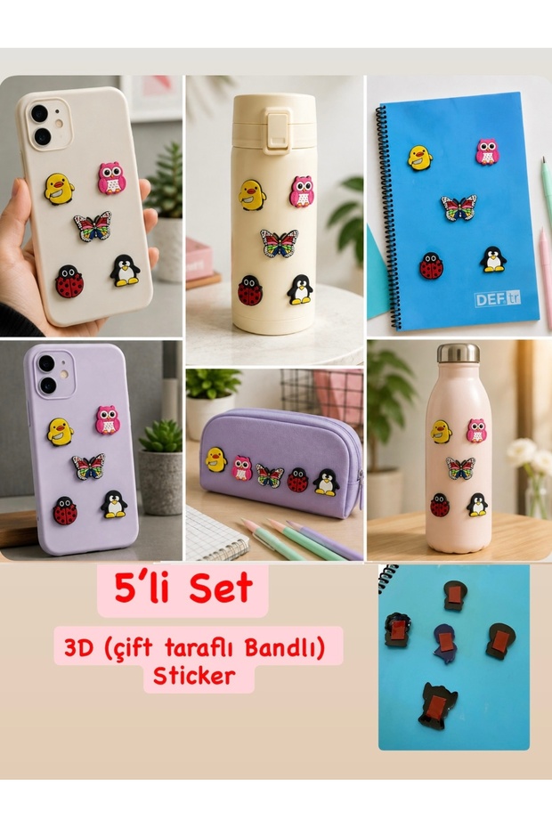5-Piece 3D Silicone Sticker Set – Decorative Figured Stickers with Double-Sided Tape – Notebook, Pen Holder, Phone, Etc. Cute Animals