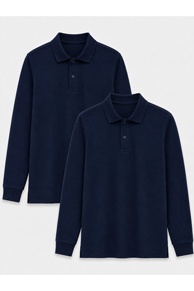 2-Pack Cotton Long Sleeve Polo School T-Shirts - Dark Navy Blue