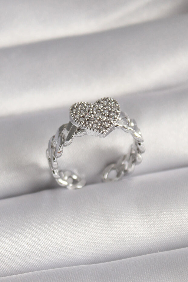 Brass Silver Color Zircon Stone Heart Model Women's Ring