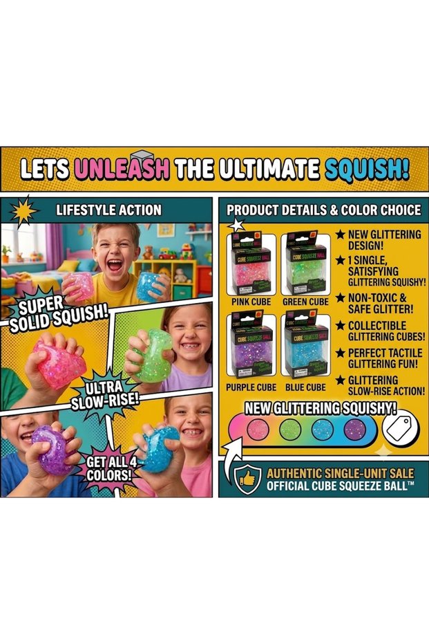 Premium Glitter Stress Cube Squishy Fidget Toys, Slow Rising Sensory Stress Balls for Anxiety Relief, Squeeze Ice Cube for Kids & Adults, Classroom Prizes Party Favors Birthday Gifts