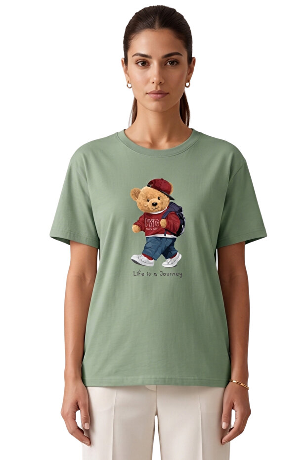 Women's Çağla Teddy Bear Printed T-Shirt Life Is a Journey Comfortable Fit Cotton