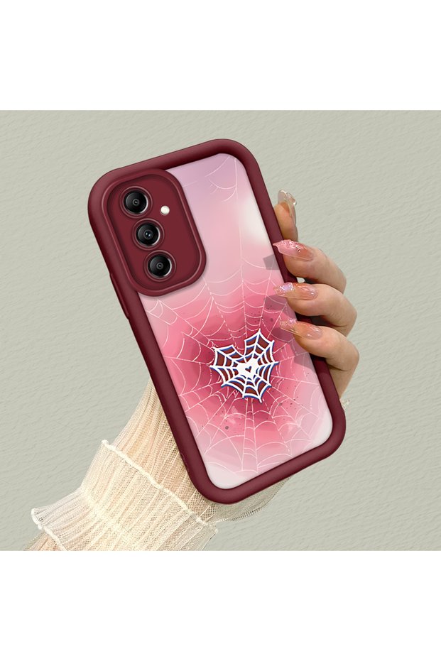 Samsung Galaxy A14 4G/5G Compatible Pink Gradient Heart Spider Web Patterned Silicone Case