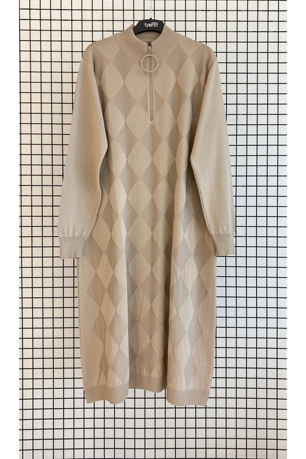 Collared Zippered Patterned Knitwear Tunic