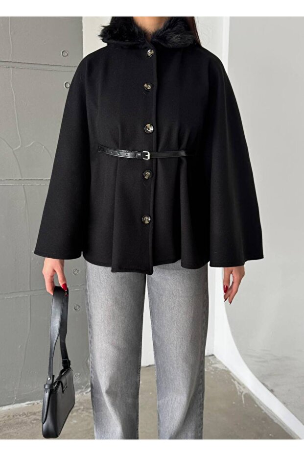 Women's Belt Detailed Fur Poncho