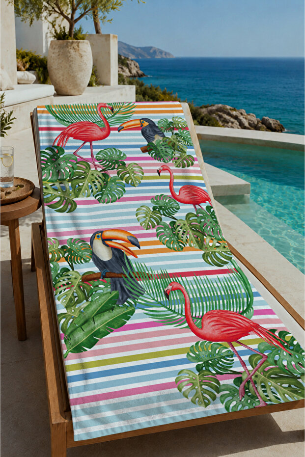 Striped Tropical Flamingo Toucan and Leaf Pattern 70X150 Beach Towel - Digital Printed Bath Towel