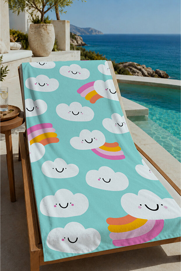 Turquoise Cloud and Rainbow Patterned 70X150 Beach Towel - Digital Printed Fade-Resistant Bath Towel