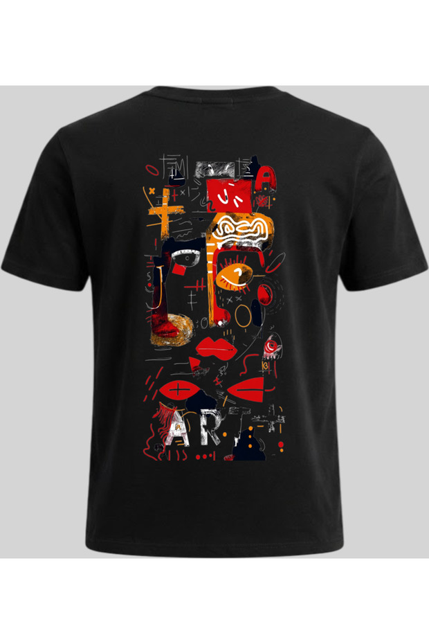 Black 100% Cotton Unisex T-Shirt with Abstract Face and Art Themed Graffiti Print on the Back