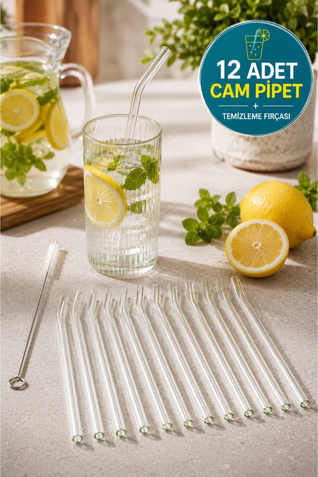 12-Piece Glass Straw Set 20 cm Oblique Borosilicate Glass Straw + Cleaning Brush Transparent Reusable