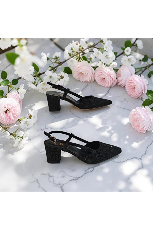 7013 Black Glittery Thick Square Heel Evening Dress Stiletto Shoes