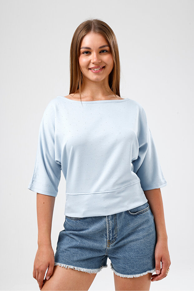 Stone Detailed Lycra Wide Collar Stylish Bodysuit