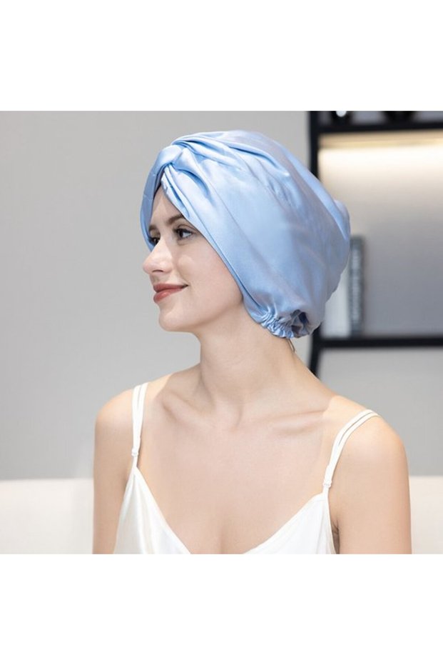 Silk sleep cap sky blue 100% mulberry anti-frizz curly hair.