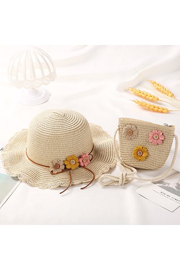 Children's sun protection straw hat set: beach + clutch bag - beige
