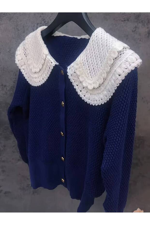Lace Collar Detailed Baby Collar Long Sleeve Women's Cardigan