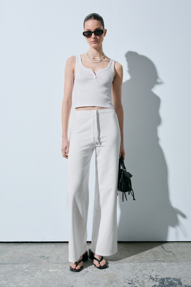 Loventa women's wide leg regular fit white sweatpants with stone embellishments