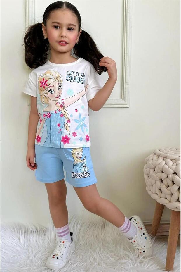 Printed Girls' T-Shirt and Shorts Set - 1016