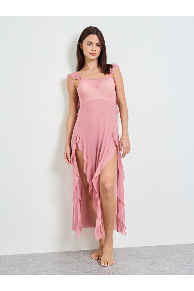 Dark Pink Solid Ruffled Trims Mesh Babydoll