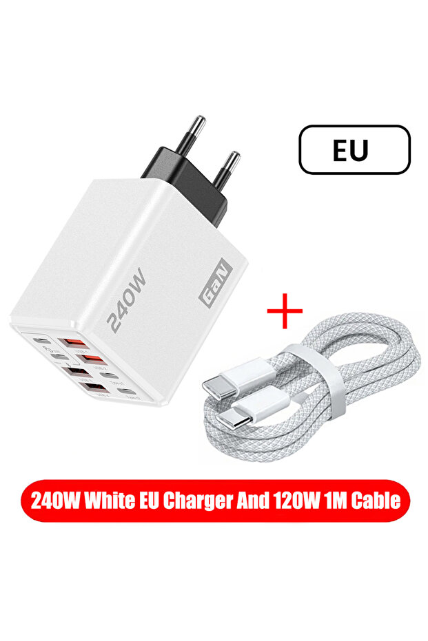 White-EU and 1MCable 240W 8 in 1 USB C GaN Desktop Charger Fast Charge Phone Adapter Type C Cable Fo