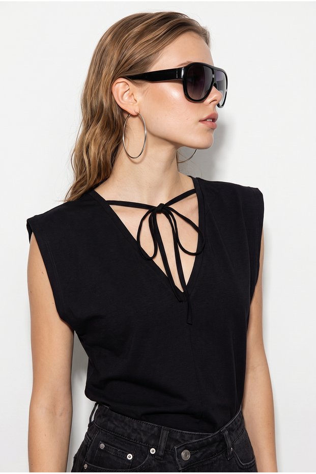 Women's Black 100% Cotton V-Neck Blouse with Tie Detail 60382620