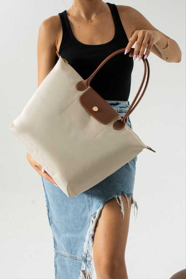 Women's Leather Detailed Foldable Fabric Shoulder and Shoulder Bag
