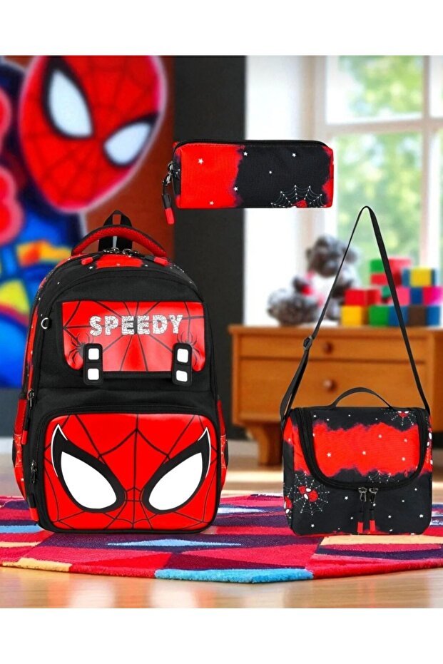 A+ Premium Quality Men's Black Spider Primary School Orthopedic 3-Piece Set with Pen Holder, Foil-Lined Lunch Bag, 3 Compartments 534