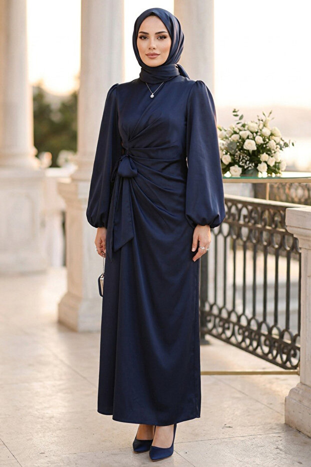 Drapeli Navy Blue Satin Hijab Dress 63012L