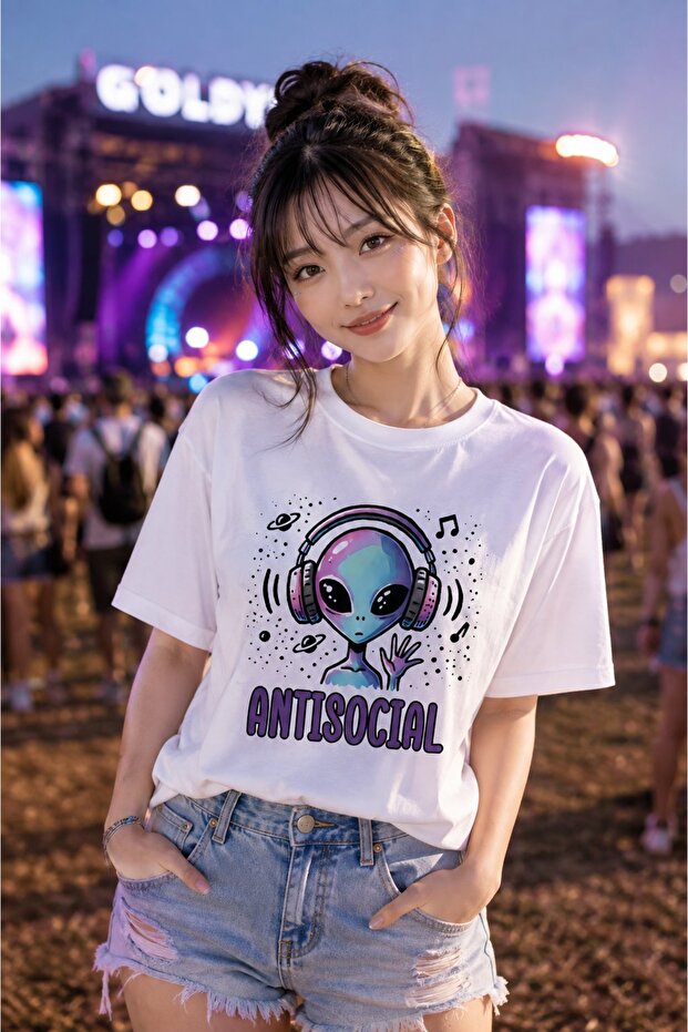Antisocial Alien Oversize T-Shirt | Alien Printed Unisex White T-Shirt