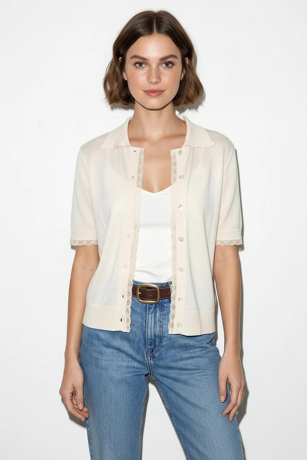 Women's Lace Detailed Short Sleeve Mercerized Knitwear Cream Cardigan