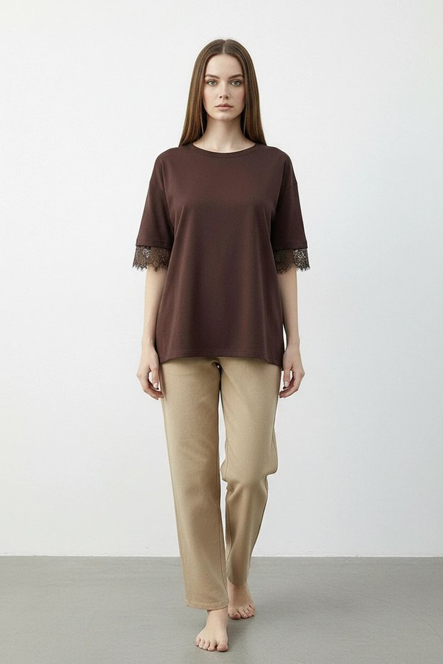 Women's Lace Detailed T-Shirt with Back Detail, Bitter Brown