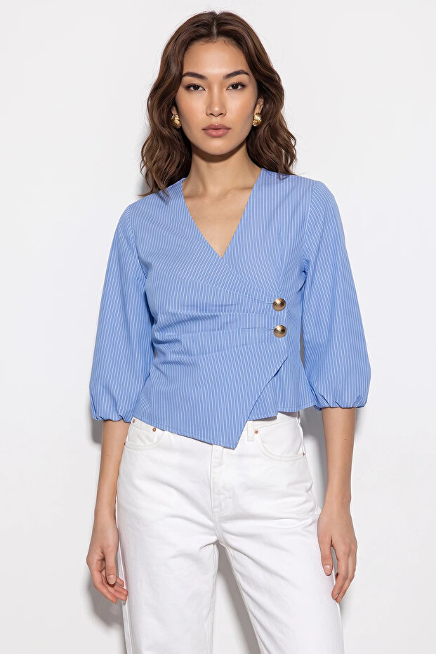 Women's Striped Double-Breasted Collar Button Detailed Blue Blouse