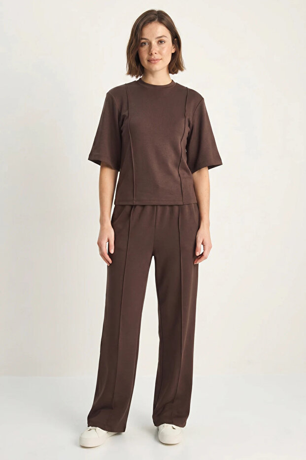 Women's Ribbed Half Sleeve T-Shirt Elasticized Wide Leg Bitter Coffee Set