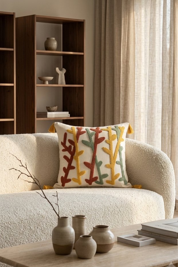 Colorful Botanical Branch Patterned Punch Embroidered Tasseled Cotton Decorative Throw Pillow Cover 42X42 cm
