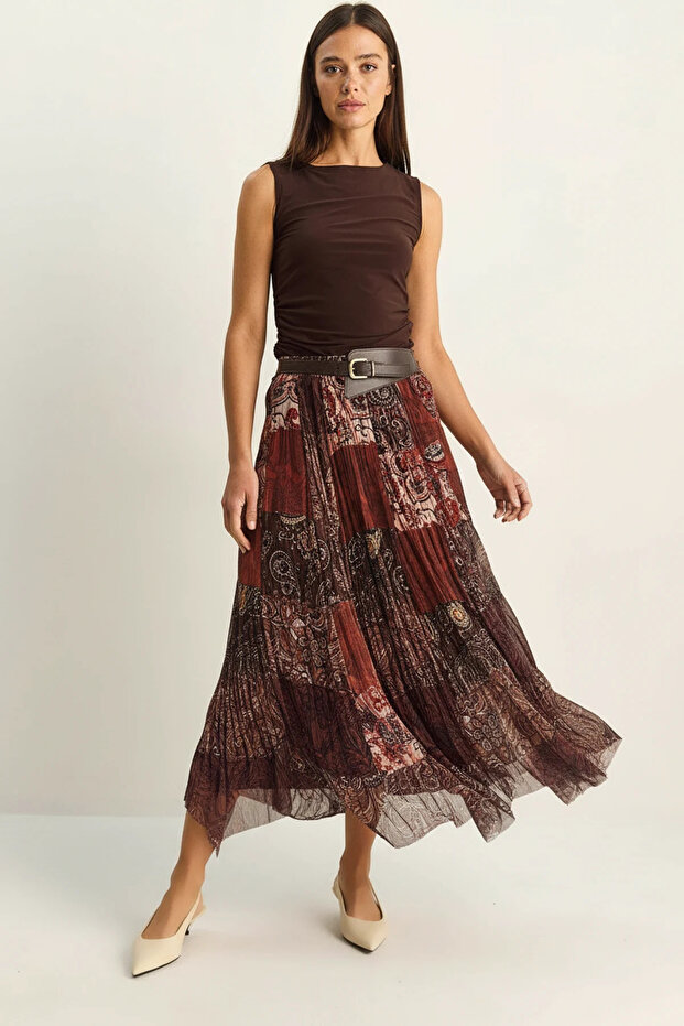 Women's Belted Elastic Waist Patterned Pleated Asymmetrical Cut Lined Midi Tulle Brown Tan Skirt