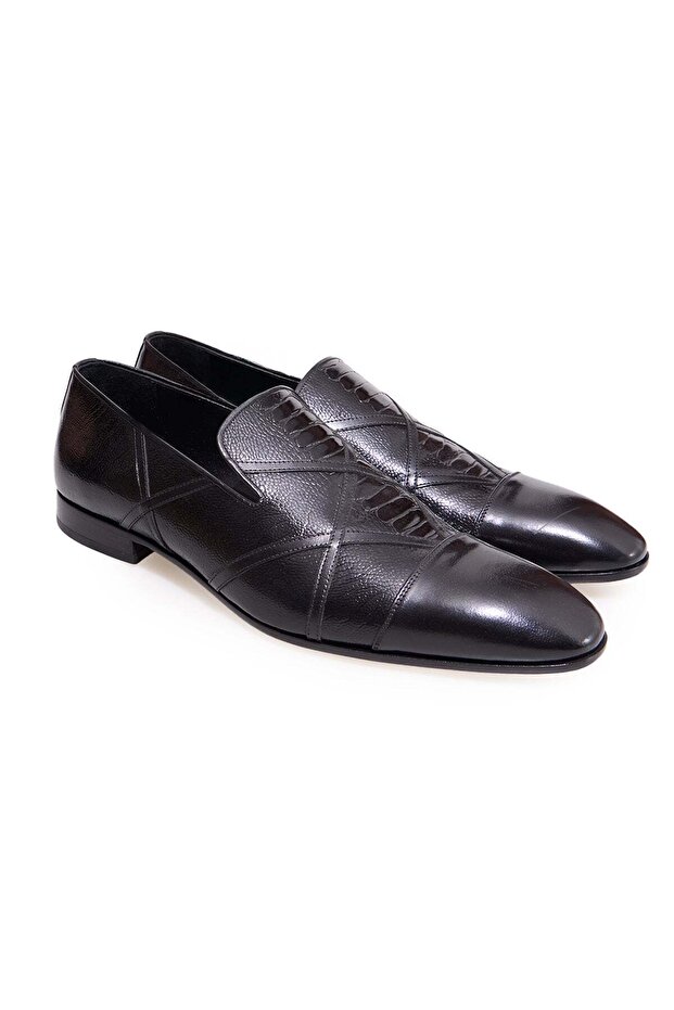 Black Color Laceless Genuine Leather Leather Sole Men's Shoes
