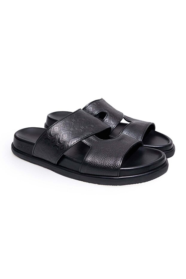 Black Color Laceless Genuine Leather Men's Slippers