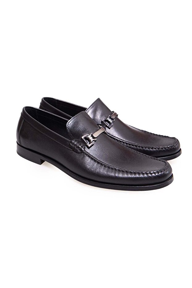 Black Color Laceless Genuine Leather Men's Shoes