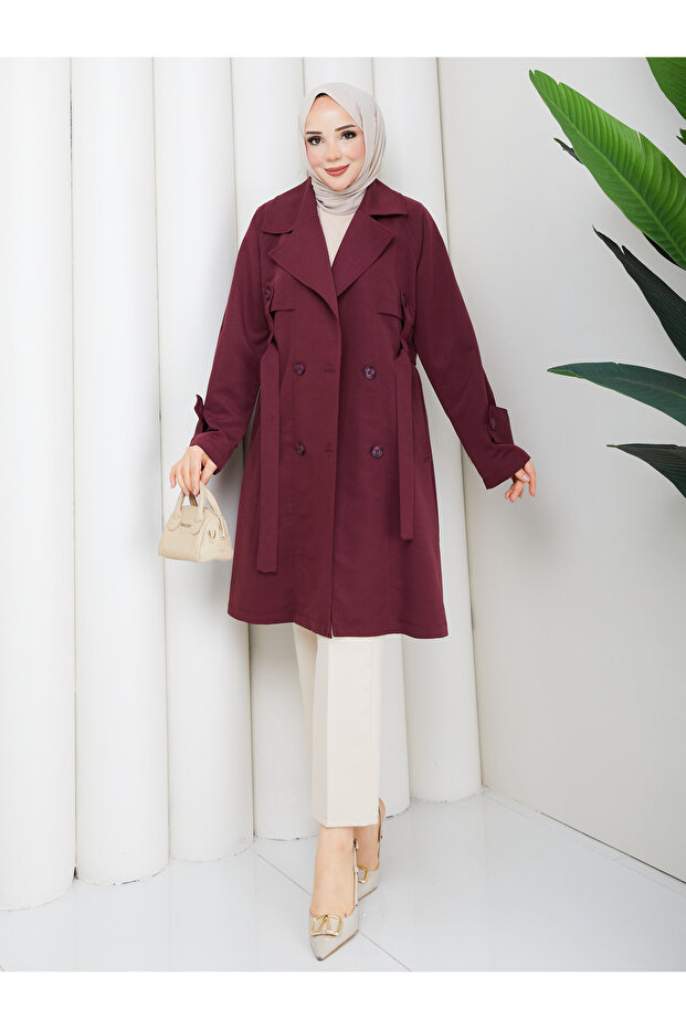 Apolet Detailed Belted Buttoned Pocketed Hijab Trench Coat Rc3145