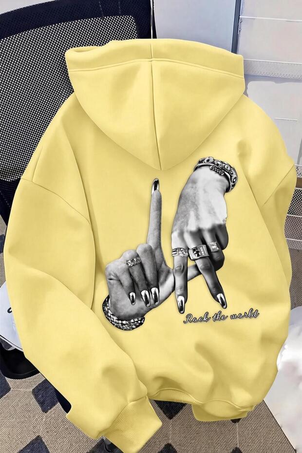 Unisex Oversize La Back Printed "Rock the World" Hooded Sweatshirt Hoodie