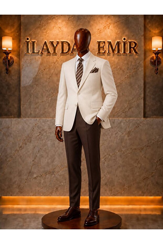 Exclusive Slim Fit Cream Jacket, Brown Trousers, White Shirt Classic Stylish Combination 3-Piece Suit