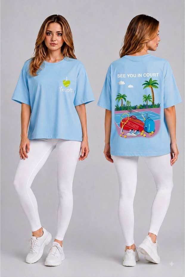 Unisex Oversize Tennis Printed T-Shirt 100% Cotton Tennis Themed Comfortable Fit Short Sleeve T-Shirt