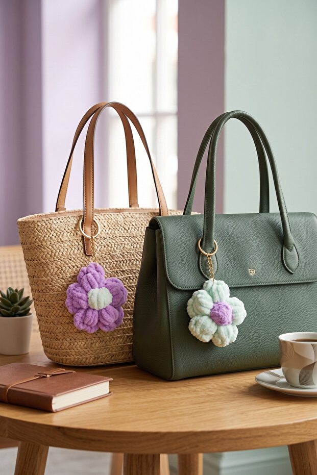 Set of 2 Hand Knitted Fluffy Flower Bag Ornaments and Keychains - Macrame Charm
