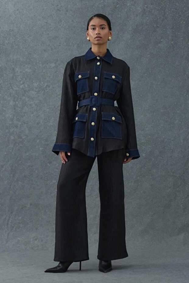 Black Garnished Pocket Shirt and Trouser Set
