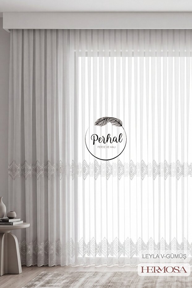 1-3 Regular Pleated Modern Silver Diamond Patterned Leyla Tulle Curtain