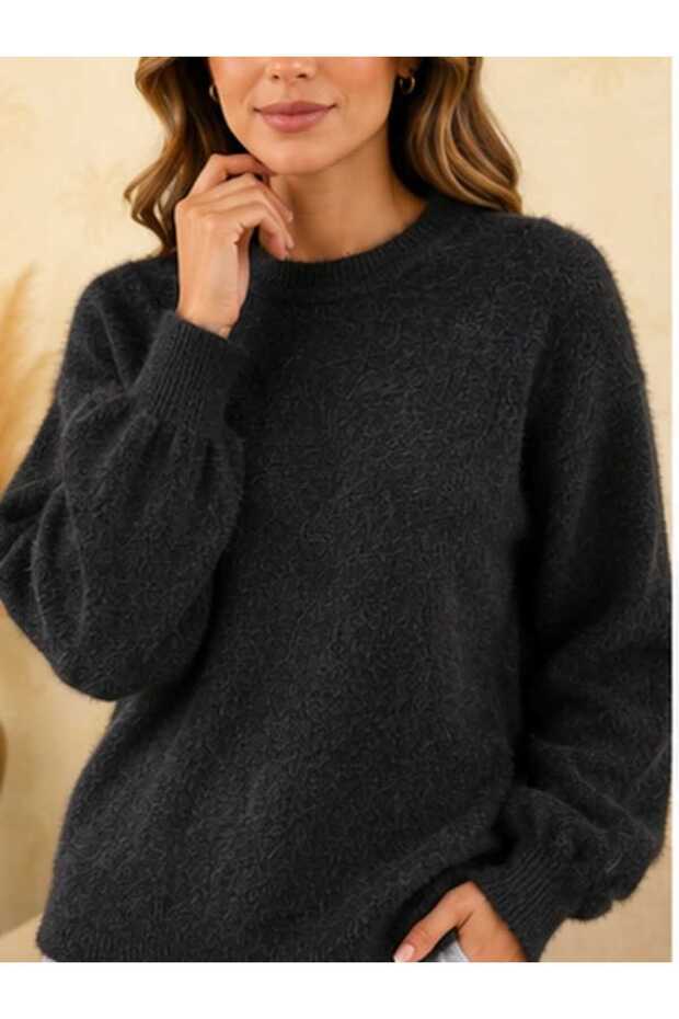 Women's Crew Neck Washed Balloon Sleeve Knit Sweater - Comfortable Fit Daily Stylish Basic Sweater
