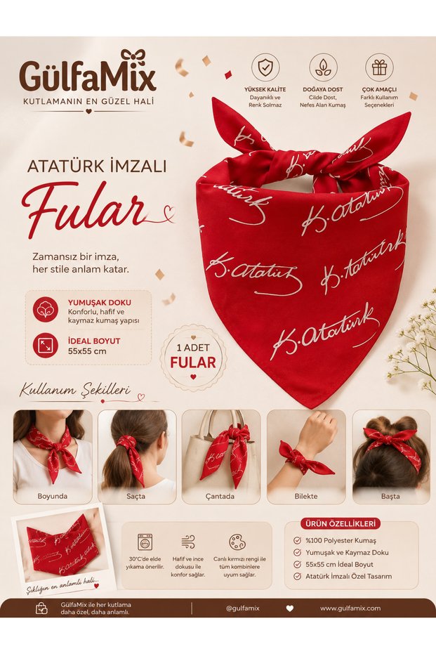 Kemal Atatürk Signature Printed Red Scarf | October 29Th Republic Day, April 23Rd Children's Day, May 19Th Youth and Sports Day, August 30Th Victory Day Special Official Holidays and Teachers' Day Gift Ideas