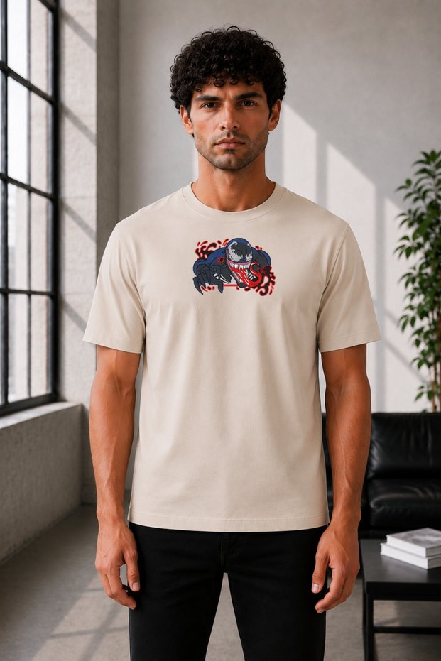 Unisex Oversize Embroidered Venom Design 100% Cotton T-Shirt