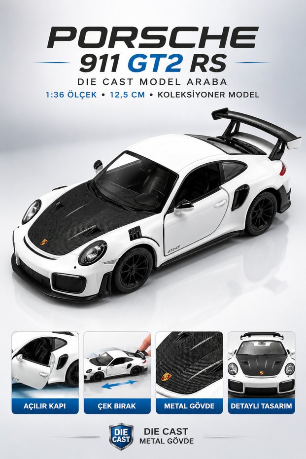 Die Cast Porsche 911 Gt2 Rs Model Car 12.5cm – 1:36 Scale Metal Body with Opening Doors Pull and Release