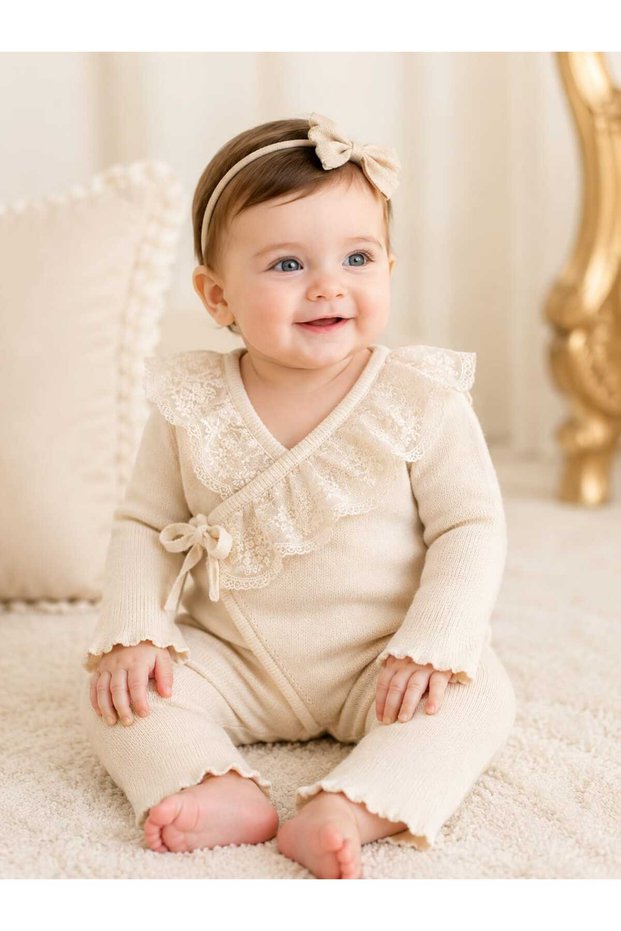 Baby Girl Child Stylish Luxury Gift Lace Collar Bowknot Knitwear Jumpsuit - Newborn Jumpsuit - Seasonal Jumpsuit 3-6-9-12 Months